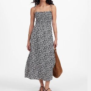 Madewell 14 Dress Tie Shoulder Midi Dress Floral Abstract Leaf Black Ivory NWT